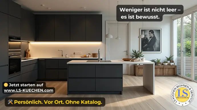 Schwarze Küche mit heller Kochinsel und großen Fensterflächen – moderner Industrial Look kombiniert mit wohnlichem Ambiente.