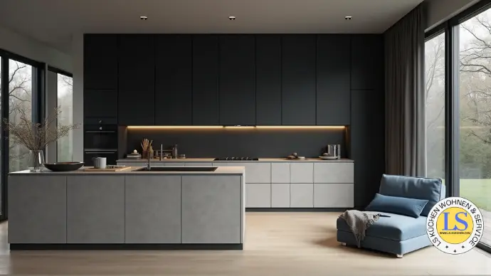 Küche in Grau und Schwarz mit großer Kochinsel und gemütlicher Sitzecke – modernes und minimalistisches Küchendesign.