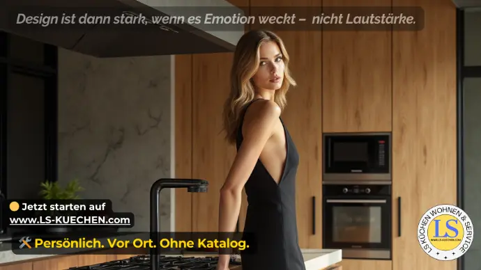 Frau in eleganter Designküche mit Holzfronten und dunkler Arbeitsplatte – luxuriöses Küchenambiente mit starkem Designfokus.
