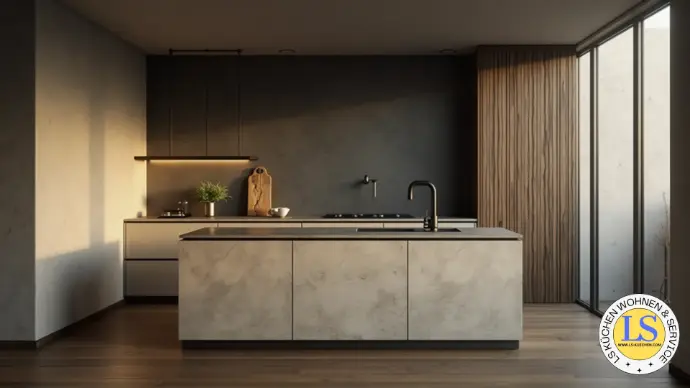 Moderne Küche in Betonoptik mit Insel und dunkler Rückwand – stilvolles Küchendesign mit warmem Lichtkonzept.