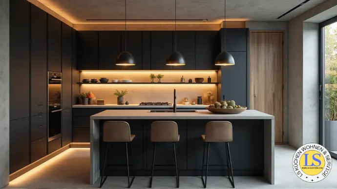 Dunkle Küche mit Kücheninsel, drei Barhockern und stimmungsvoller Beleuchtung – elegantes und funktionales Raumdesign.