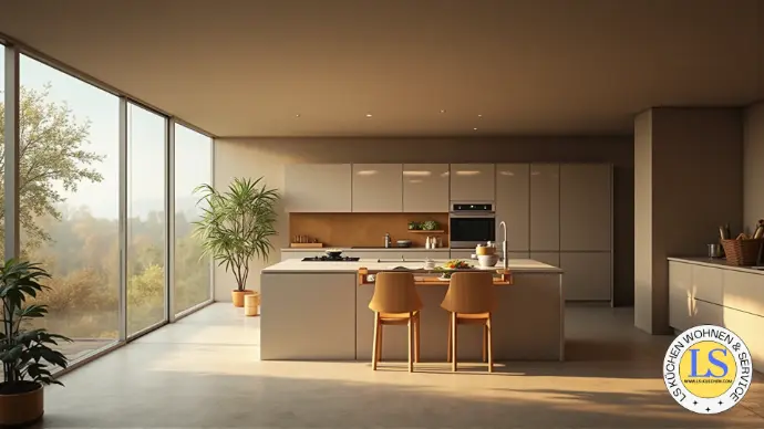 Große offene Küche mit Holzfronten, heller Kochinsel und Glasfront – modernes Wohnkonzept mit großzügigem Lichteinfall.