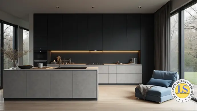 Schwarze Designküche mit heller Kochinsel und gemütlicher Sitzecke – modernes Wohnküchenkonzept mit klaren Linien.