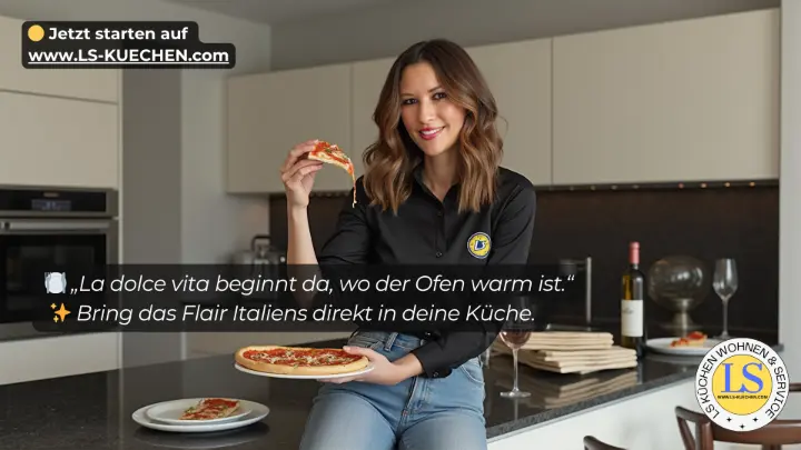 Frau sitzt auf einer Kücheninsel und genießt ein Stück Pizza, im Hintergrund moderne grifflose Küche mit Wein und Geschirr – mediterranes Lebensgefühl in stilvollem Ambiente.