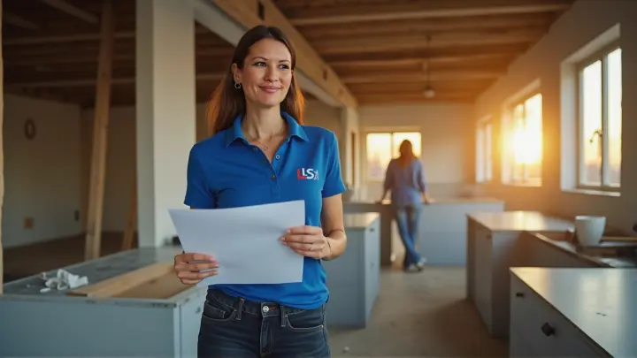 Mitarbeiterin von LS Küchen steht mit Planungsunterlagen in einer leeren Küche und prüft Maße und Raumaufteilung – Vorbereitung für Küchenplanung oder Modernisierung.