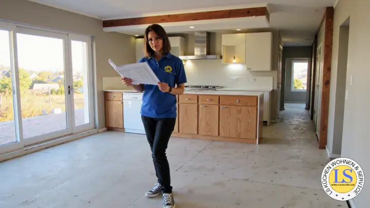 Frau in Firmenkleidung von LS Küchen steht mit Planungsunterlagen in einer leeren Küche und prüft den Raum für eine Küchenplanung – professionelle Vorbereitung vor Umzug oder Neuplanung.