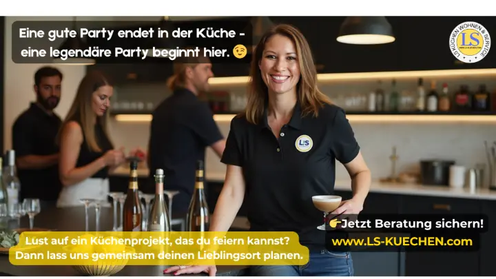 Lächelnde Frau im LS-Küchen-Poloshirt mit Drink an einer Kücheninsel in moderner, dunkel gehaltenen Küche; im Hintergrund Gäste, Gläser und Flaschen – Stimmung wie bei einer Küchenparty