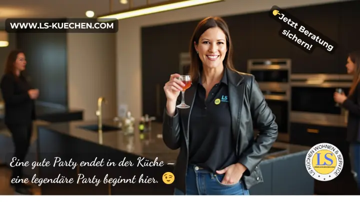 Fröhliche Frau im LS-Küchen-Poloshirt mit Drink in moderner, dunkler Designküche mit Kochinsel; im Hintergrund Gäste – Stimmung einer Küchenparty.