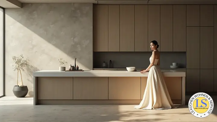 Arbeitsplatte aus Keramik/Stein mit flächenbündigem Kochfeld und feinen Griffleisten – Materialfokus in elegantem Look