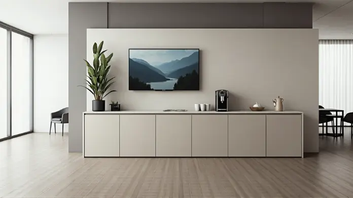 Moderne Teeküche in Bürofläche – funktional geplant mit klaren Linien und langlebiger Technik.