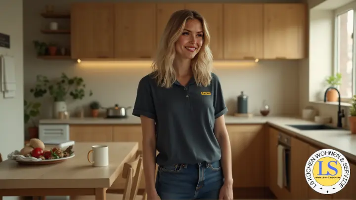 Eine junge, lächelnde Planerin steht in einer hellen, modernen Küche mit warmen Holztönen und natürlichem Licht. Auf dem Tisch liegt ein Teller mit frischen Lebensmitteln und eine Tasse. Im Hintergrund sind Pflanzen, offene Regale und dezente Alltagsgegenstände zu sehen. Die Szene wirkt freundlich, wohnlich und echt – nicht perfekt inszeniert, sondern wie ein gelebter Raum.