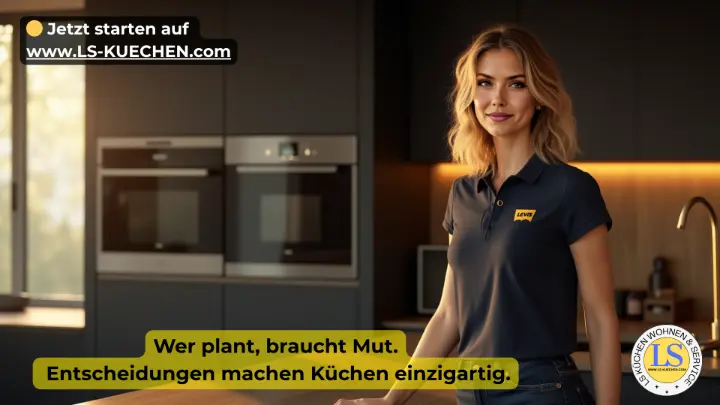 Eine selbstbewusste Frau steht in einer modernen Küche mit mattschwarzen Fronten, sanfter Akzentbeleuchtung und warmem Tageslicht. Sie trägt ein dunkelblaues Polo mit gelbem Logo, lehnt entspannt an der Kücheninsel und blickt ruhig in die Kamera. Im Hintergrund sind hochwertige Einbaugeräte und ein Wasserhahn in Messingoptik zu sehen – die Szene zeigt den Mut zu einer individuellen, modernen Traumküche.