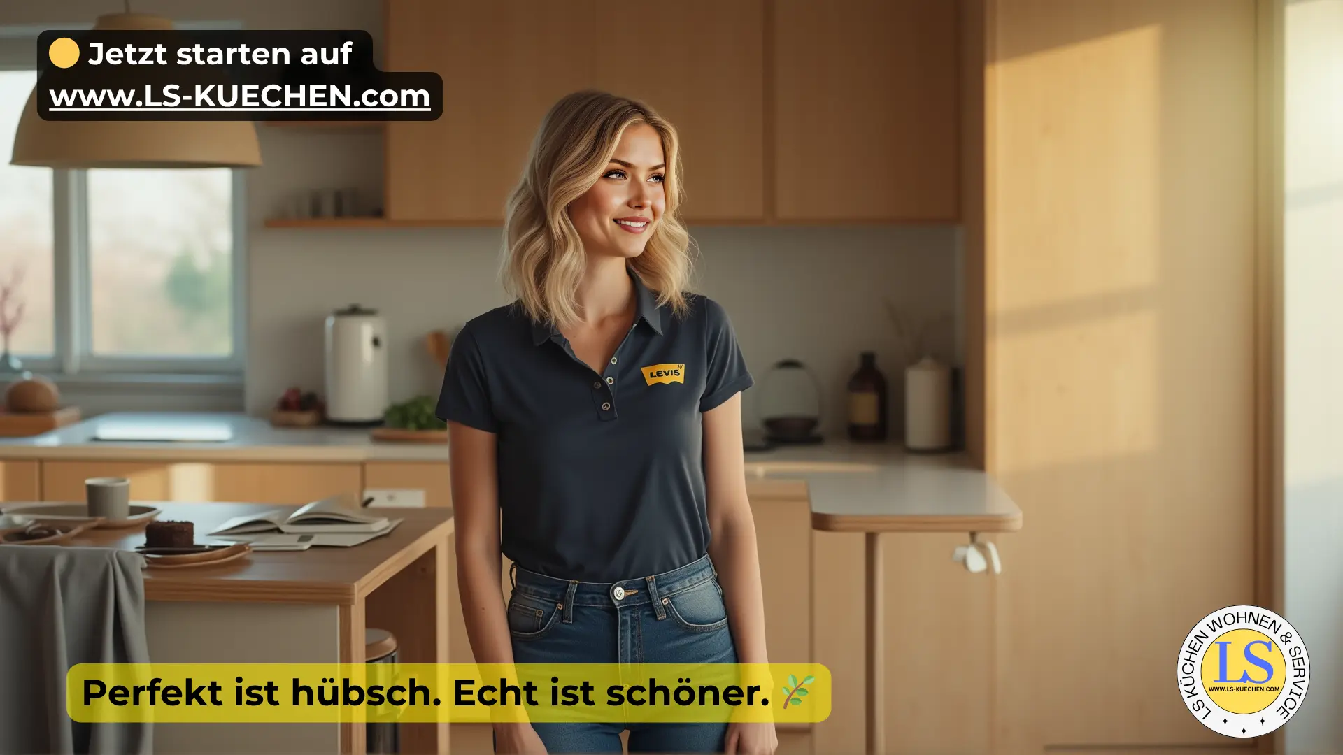 Eine junge, blonde Frau mit schulterlangem Haar steht lächelnd in einer modernen, hellen Küche mit Holzfronten und warmem Tageslicht. Sie trägt ein dunkelblaues Polo mit gelbem Logo und blickt entspannt zur Seite. Auf dem Küchentisch liegen ein Buch, eine Kaffeetasse und ein Stück Kuchen – die Szene wirkt freundlich, wohnlich und natürlich. Im unteren Bildbereich steht der Text: „Perfekt ist hübsch. Echt ist schöner.“ In der oberen Ecke befindet sich ein Button mit der Aufschrift „Jetzt starten auf www.LS-KUECHEN.com“  und unten rechts das runde Logo von LS Küchen Wohnen & Service.