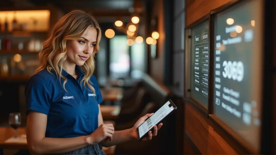 Empfangstheke mit eingebautem Digitaldisplay, dezente Beleuchtung, klare Menügestaltung