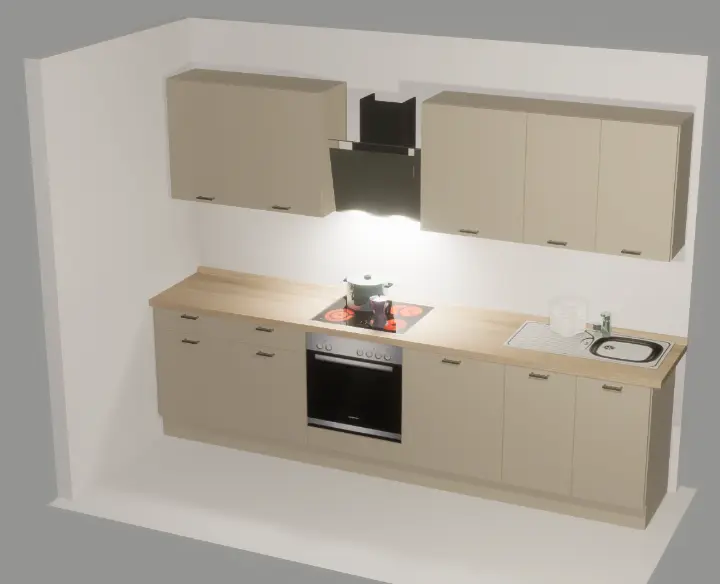 Einzeilige Budgetküche in Beige mit Holzoptik-Arbeitsplatte, Oberschränken, Wandhaube, Ceran-Kochfeld und Edelstahlspüle rechts – erste eigene Küche