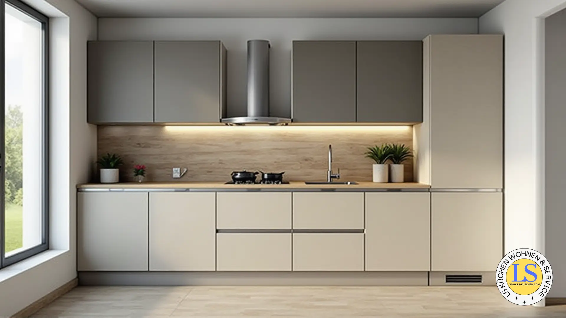 inzeilige Mietküche in Greige mit Holzoptik-Arbeitsplatte und Edelstahlspüle – pflegeleicht und neutral.