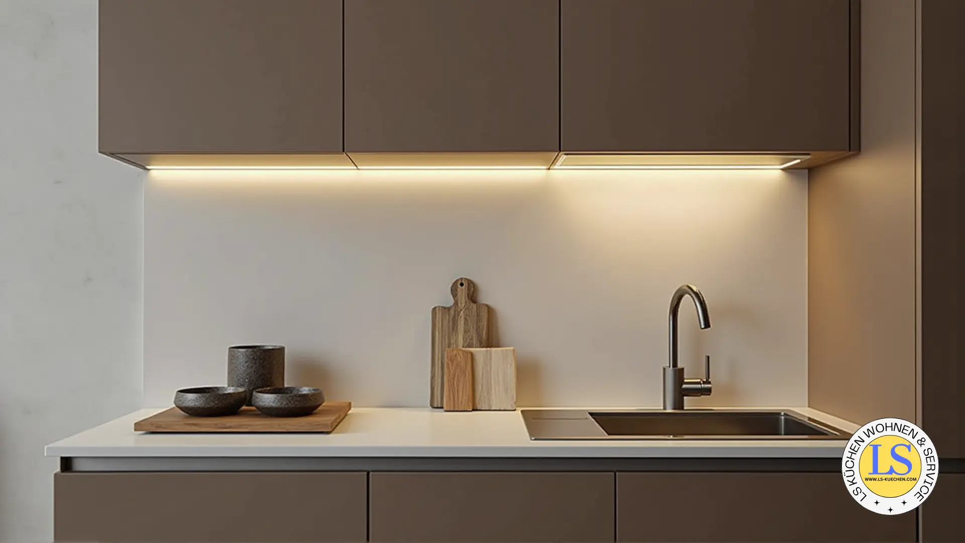 Matte Taupe-Küche mit heller Quarzplatte und Unterbauspüle – leise, wertig.