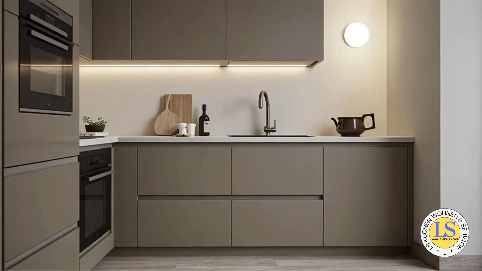 Matte Taupe-Küche mit heller Quarzplatte und Unterbauspüle – leise, wertig.