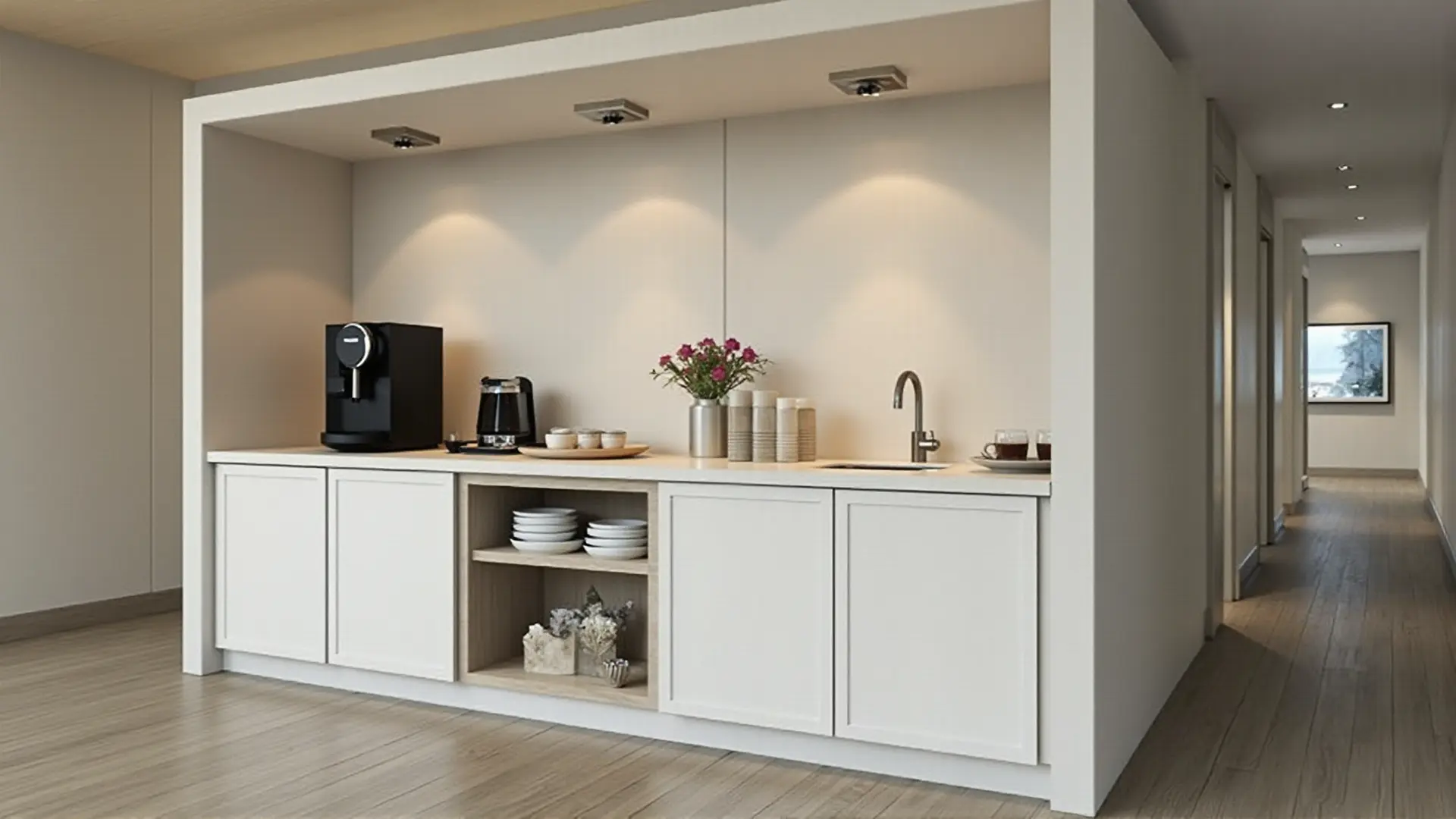 Kompakte Büro-Pantry mit Geschirrspüler und dezentem Licht – ordentlich und leise.