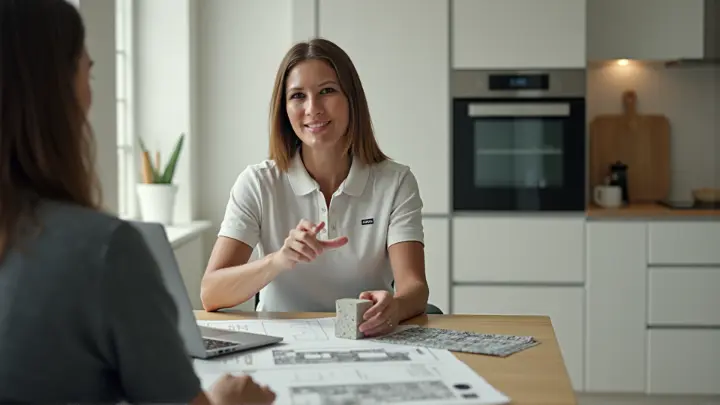 Beraterin im modernen Küchenstudio erklärt einer Kundin Materialmuster und Planungsdetails. Auf dem Tisch liegen Grundrisse und Musterplatten – im Hintergrund eine helle Einbauküche mit Backofen und Holzarbeitsplatte