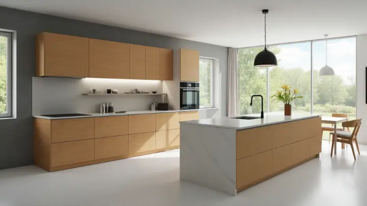 Helle, moderne Familienküche mit großer Insel, Holzfronten und Esstisch vor bodentiefen Fenstern – als Treffpunkt für Familie, Freunde und spontanen Besuch.