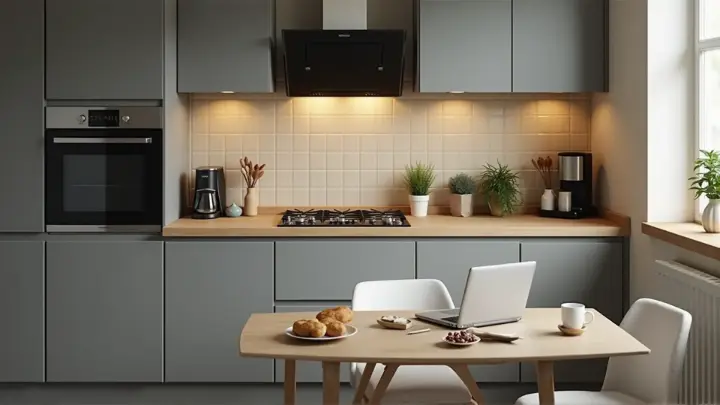 Moderne graue Einbauküche im Alno-Stil mit Holzarbeitsplatte, Gaskochfeld und Backofen; im Vordergrund ein kleiner Esstisch mit Laptop, Kaffee und Snacks in warm beleuchtetem Alltagsambiente