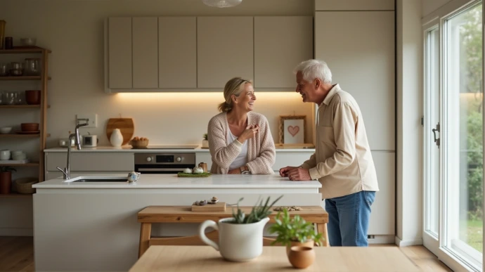 Ältere Tochter und Vater lachen gemeinsam an einer modernen, hellen Küche – Symbolbild für seniorengerechte Küche mit Herdwächter von LS Küchen, sicher kochen und selbstständig bleiben.