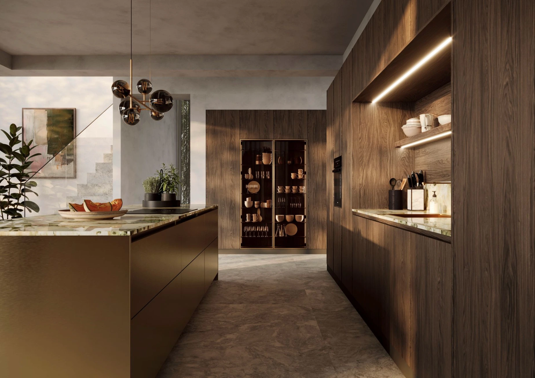 Moderne Holzküche mit Kücheninsel, dunkler Arbeitsplatte, beleuchtetem Regalband und Vitrine im Hintergrund.